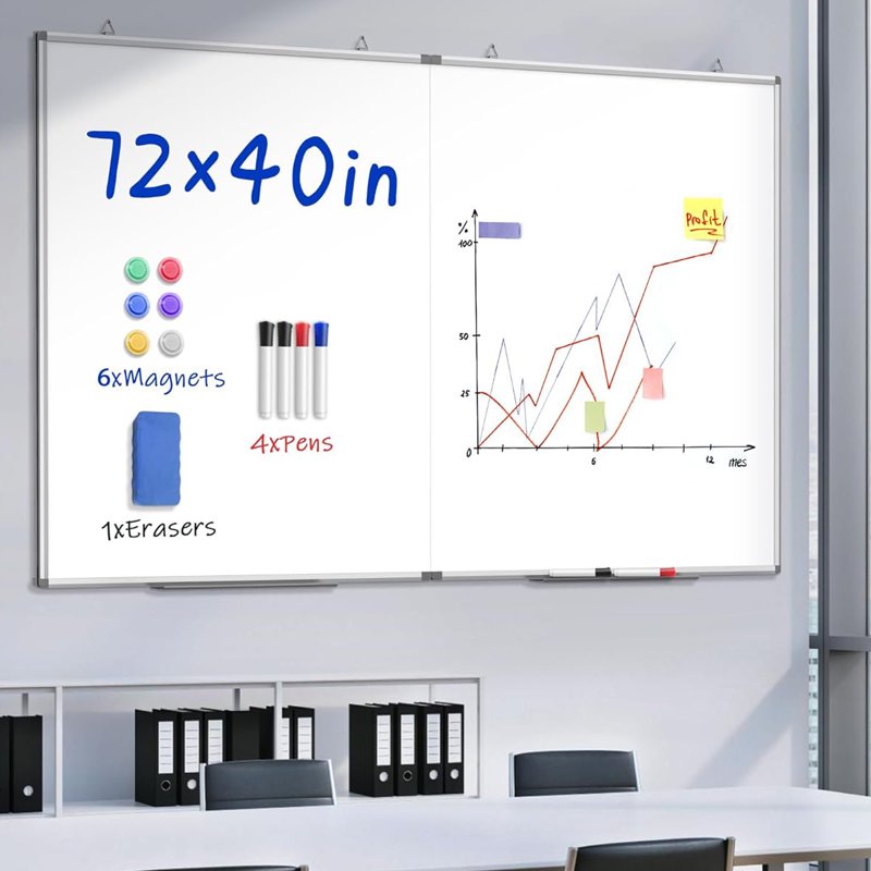 Large Magnetic Dry Erase Whiteboard - Folding Aluminum Frame Wall Mount