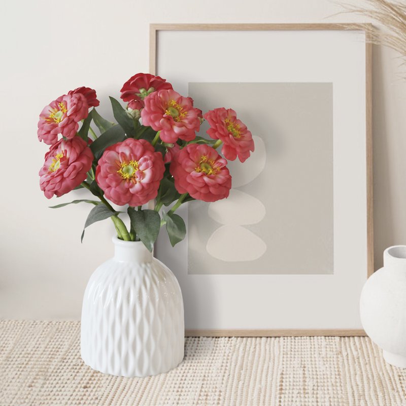 Artificial Coral Zinnia Short Stem Floral Decor for Indoor Arrangements - 3 Pack