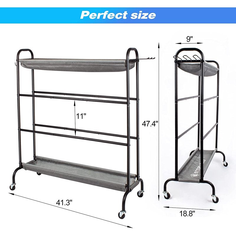 Multi-Layer Ball Storage Rack with Hooks & Bat Holder - Rolling Sport Equipment Organizer