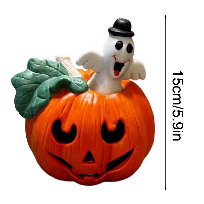 Vintage Hand Painted Lighted Pumpkin with Ghost – Cute Top Hat Lantern Night Light