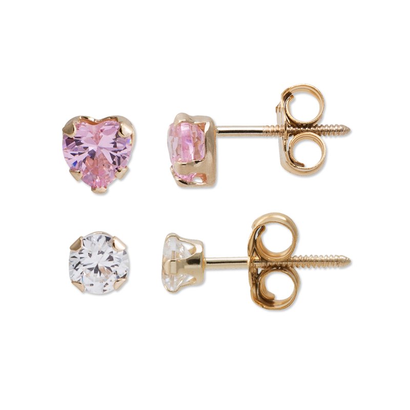 Girls and Tweens 14K Gold CZ Stud Earring Set - Heart & Round Design