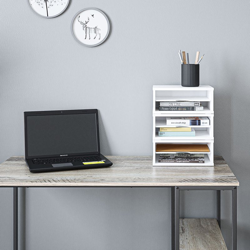 Desktop File Organizer with 2 Tiers, Wooden Mail & Paper Sorter, White