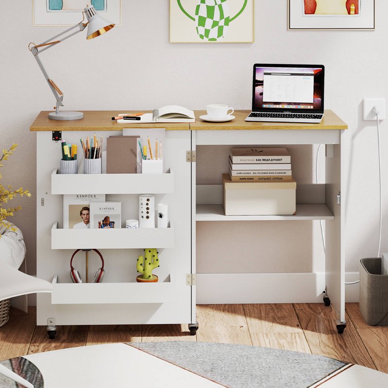 Folding Sewing Table with Storage Bins & Charging Station - Portable Craft Desk