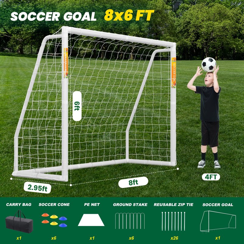 White-Foldable 8x6 PVC Soccer Goal - SLSY 8×6 Family Backyard Training