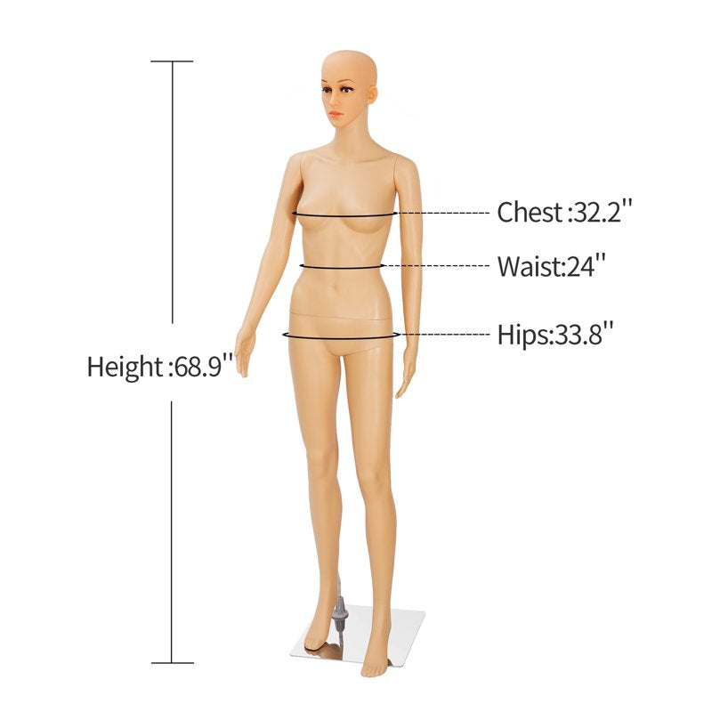 Female Mannequin Full Body Dress Form with Adjustable Head and Metal Base - 69 Inches