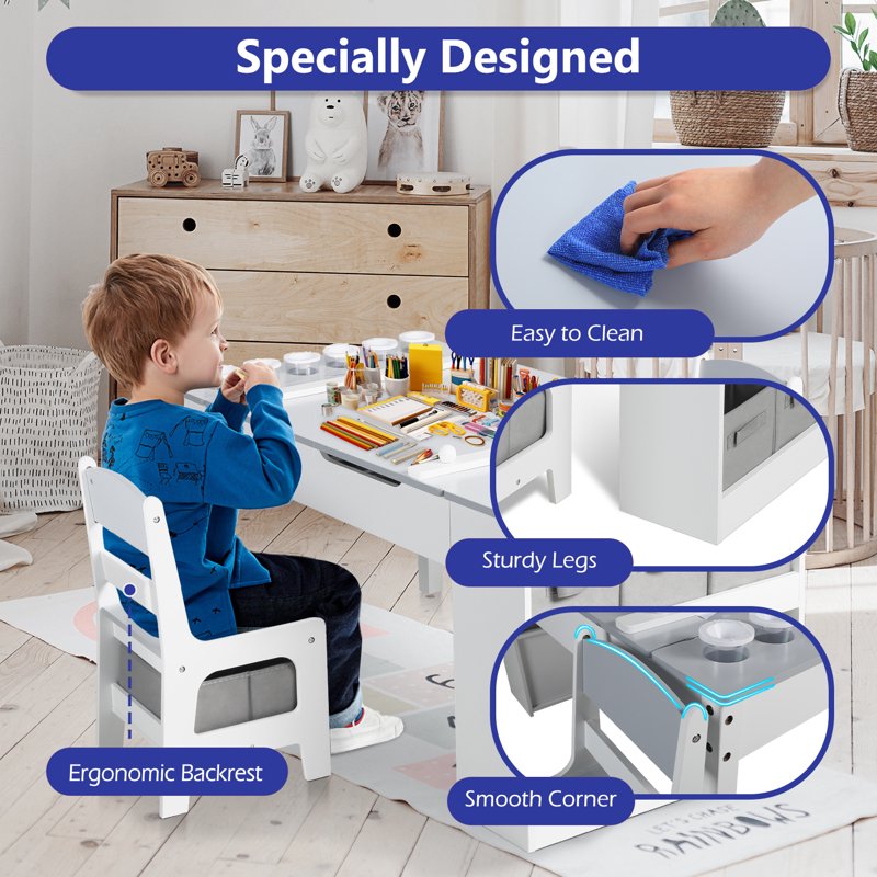 Kids Activity Table and Chair Set with Paper Roll & Storage - Toddler Art & Study Desk