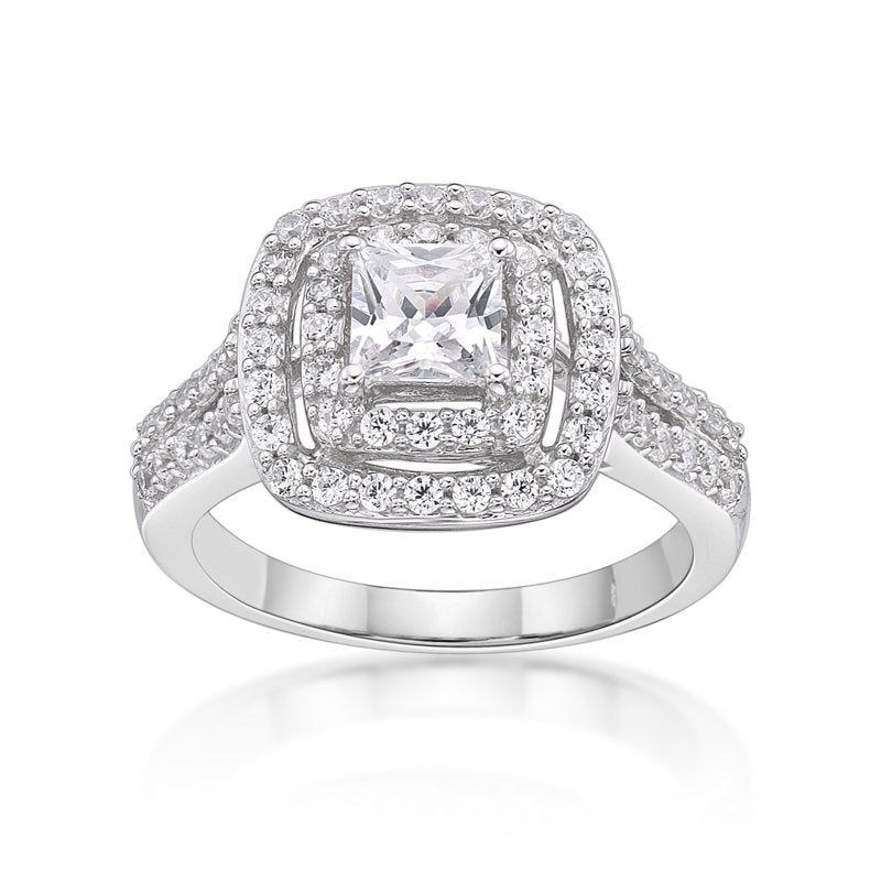 Sterling Silver Simulated White Diamond Double Halo Ring - Multiple Sizes