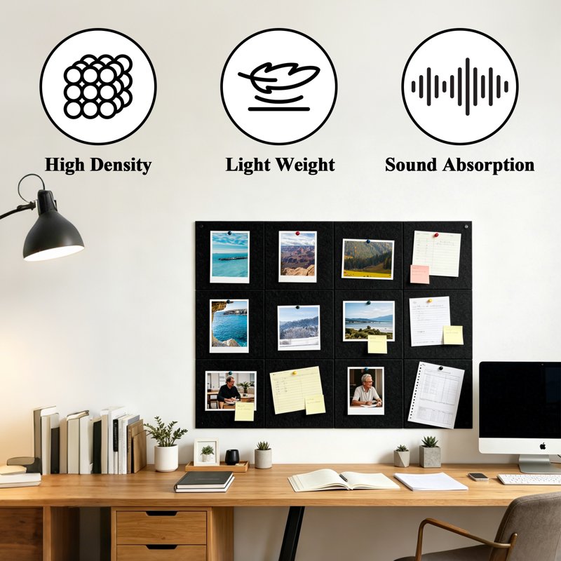 Modular Felt Bulletin Board Tiles Set - Self-Adhesive Cork Boards for Office & Home, 48x36 Inches, Black