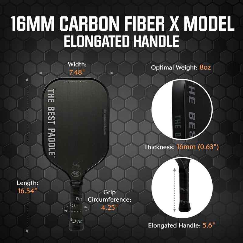 Paddleball Paddle with Carbon Fiber Surface & 16mm Polymer Core - Elongated Handle, 8 oz USAPA Certified