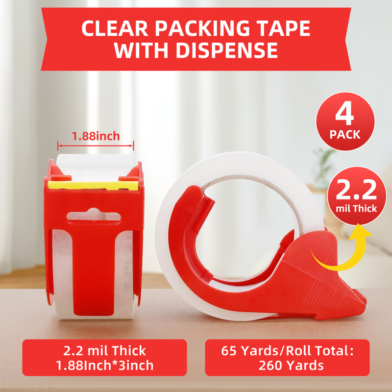 Heavy Duty Packing Tape 4 Rolls 2.7 Mil Clear Shipping Tape 1.88"x65Yards