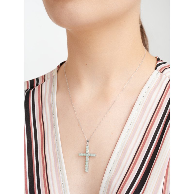 Genuine Jade Cross Necklace in Platinum Over Sterling Silver - Women's Jewelry