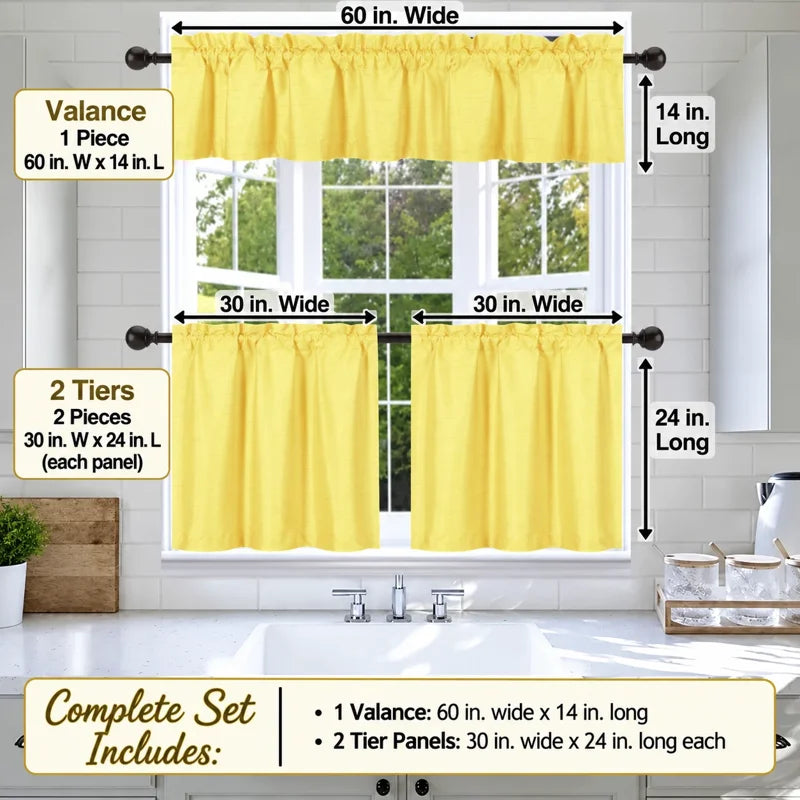 Faux Silk Blackout Kitchen Curtain Set - 3-Piece Window Treatment, Multiple Colors
