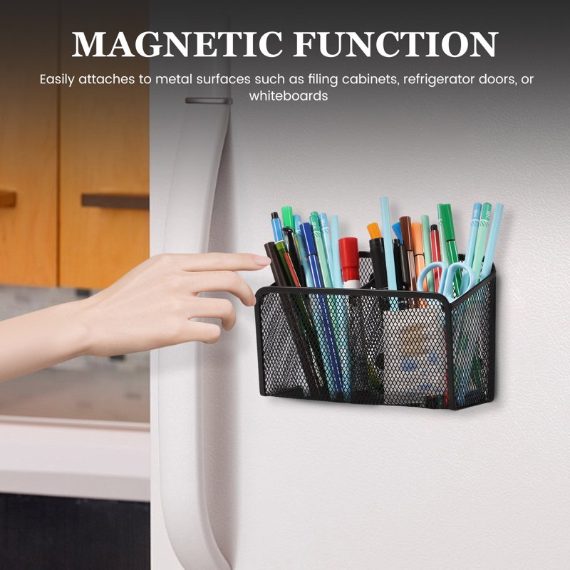Magnetic Pen Holder & Desk Organizer Set with Metal Mesh Baskets - Black