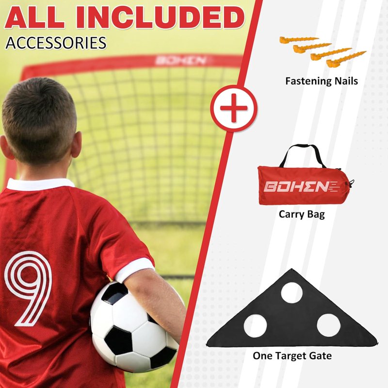 BOHEN 6x4ft Portable Soccer Goal Set with Carry Bag - Easy Fold, Red, 2 Pack