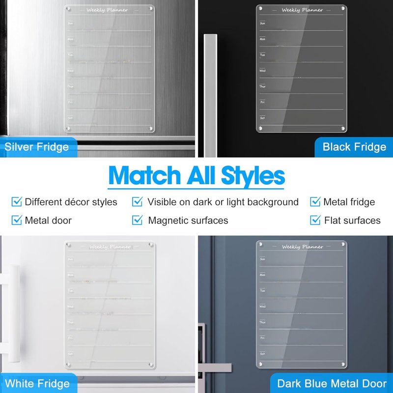 Magnetic Weekly Meal Planner Board for Fridge with Markers - Clear Acrylic Kitchen Organizer