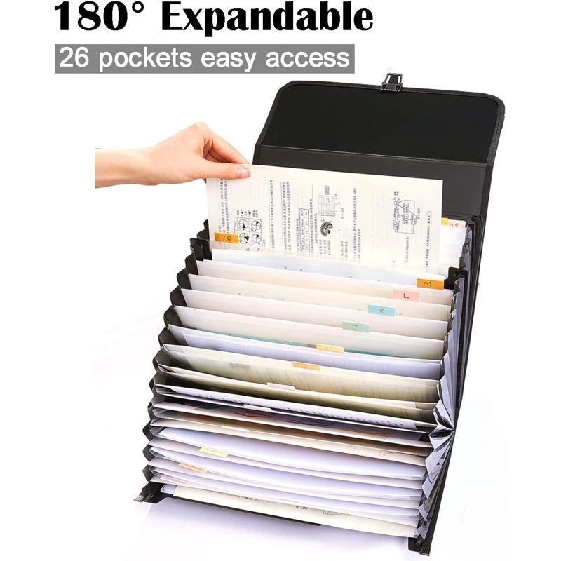 TRANBO 26-Pocket Accordion File Organizer, Letter Size/A4 - Black, With Durable Handle
