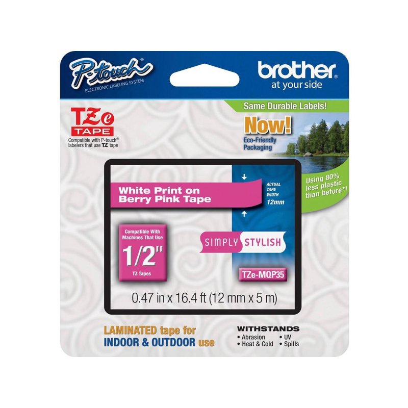 Brother 0.47" White on Berry Pink Laminated Label Tape for P-Touch