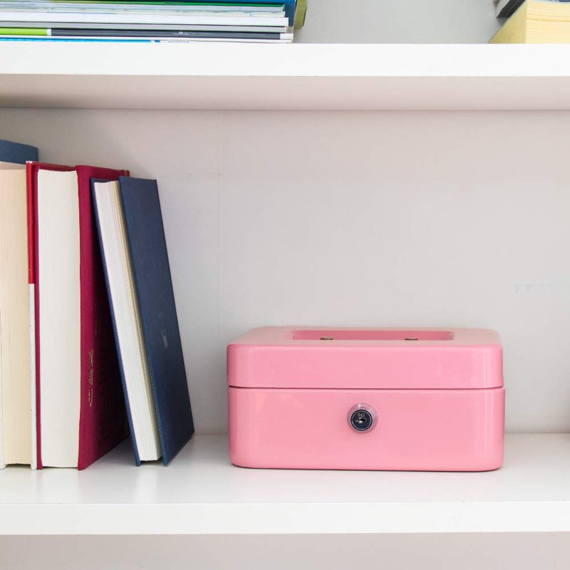 Mini Fireproof Waterproof Lock Safe with Key Lock and 6 Compartments - Pink