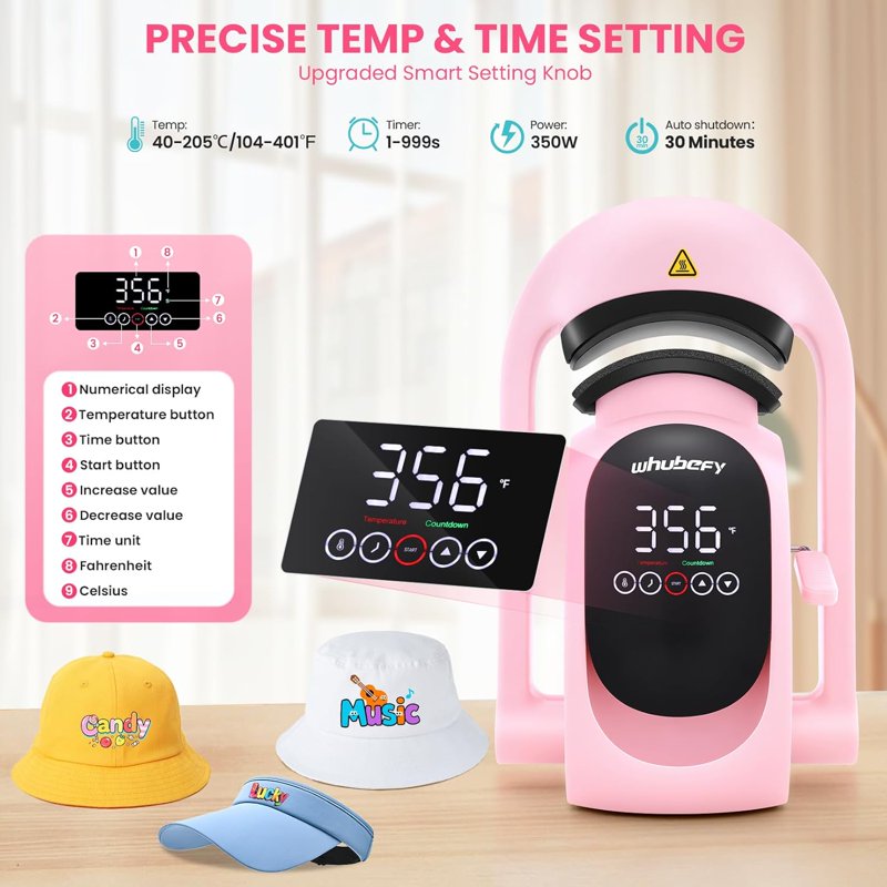 3-in-1 Cap Heat Press Machine with Replaceable Heating Pads - Pink