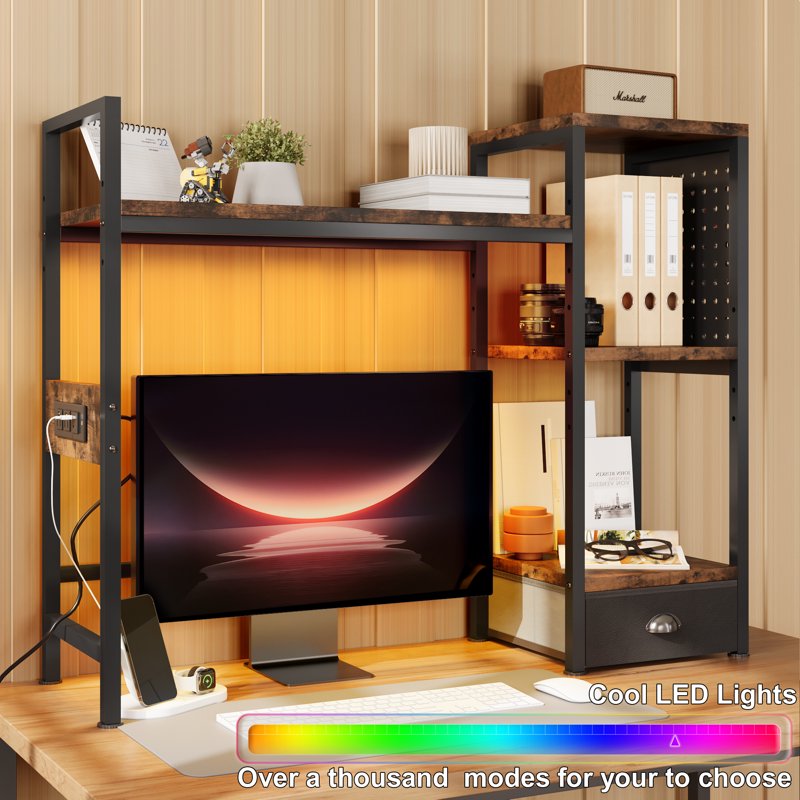 Desktop Bookshelf with Charging Station LED Light Adjustable Shelf 3-Tier Organizer