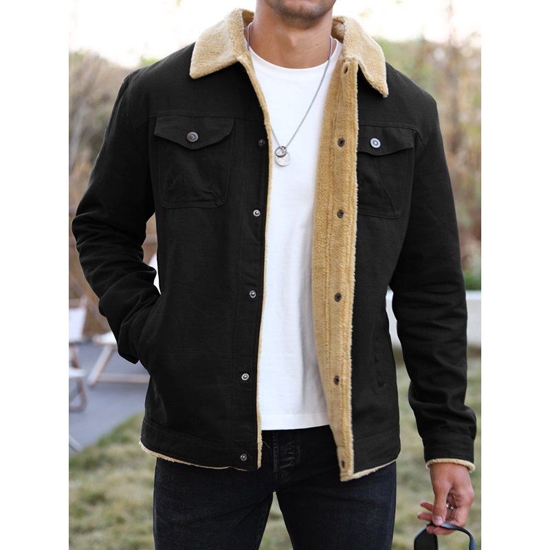 Men's Winter Trucker Jacket Thick Thermal Cotton Warm Fleece Lined Coat with Flap Pockets - Black XL