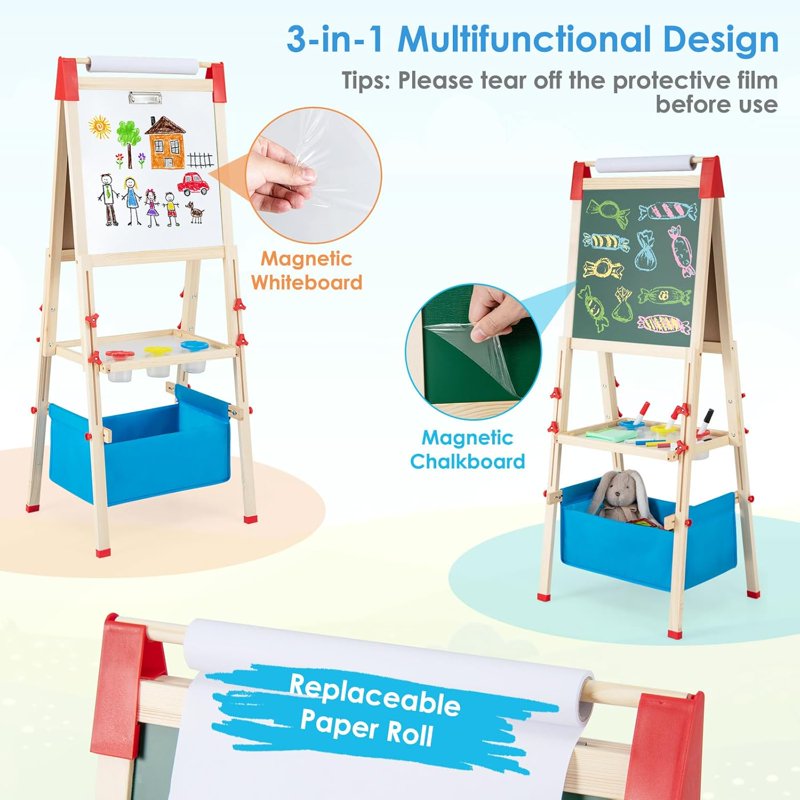 Kids Wooden Art Easel with Magnetic Chalkboard Whiteboard & Paper Roll - Height Adjustable & Storage