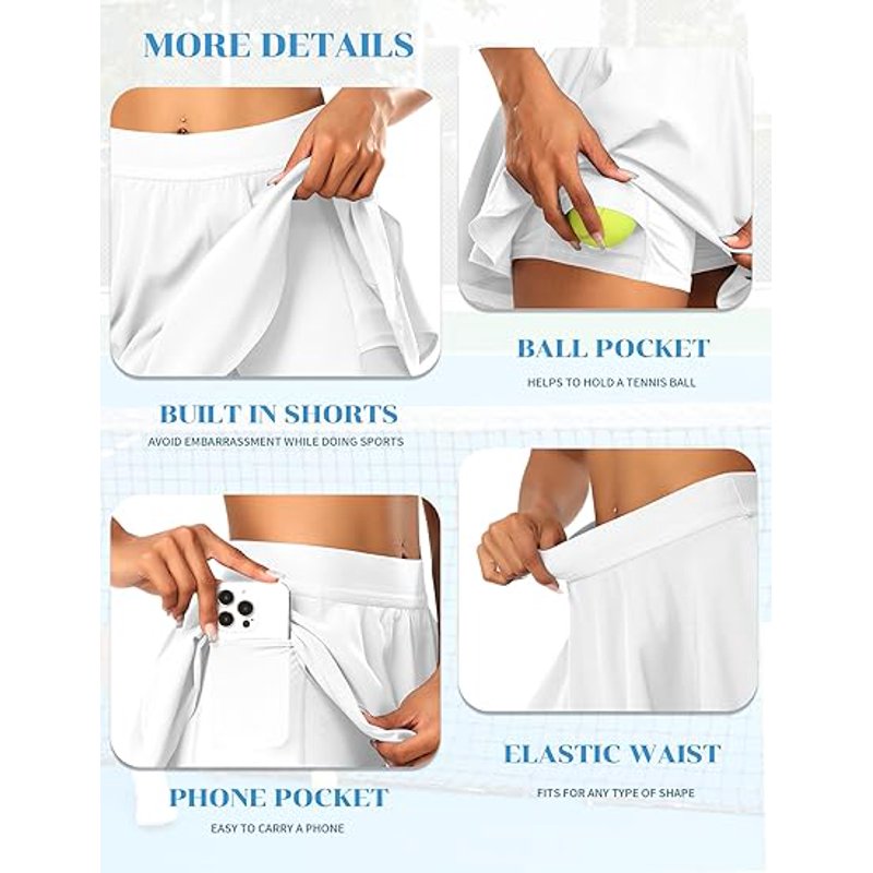 Women’s Pleated Tennis Skirt with Shorts and Pockets High Waist Athletic Skort