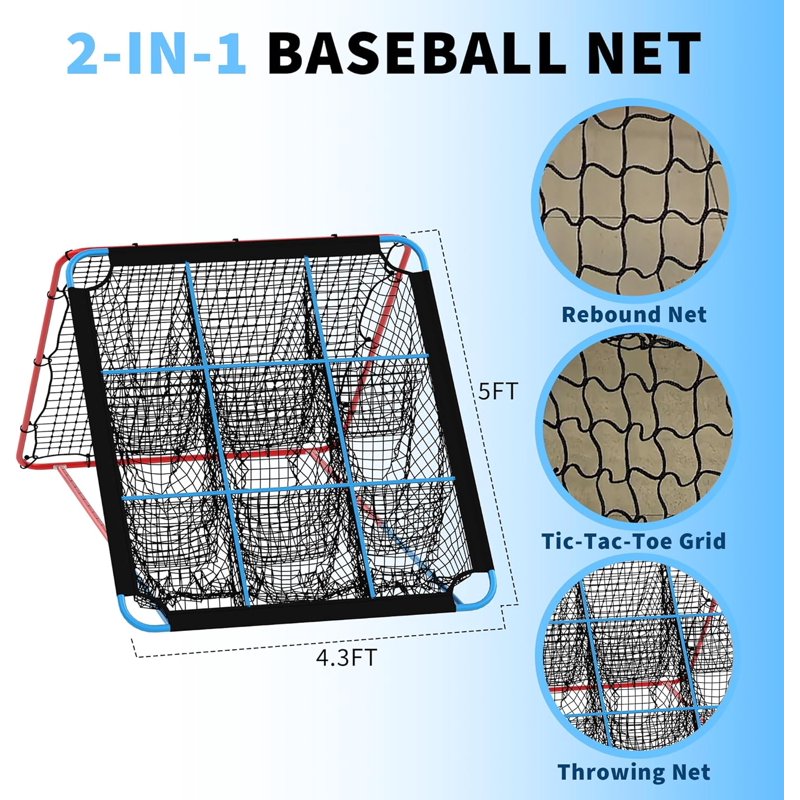 Adjustable Baseball Rebounder Net 5x4 FT with Strike Zone Targets for Hitting & Fielding