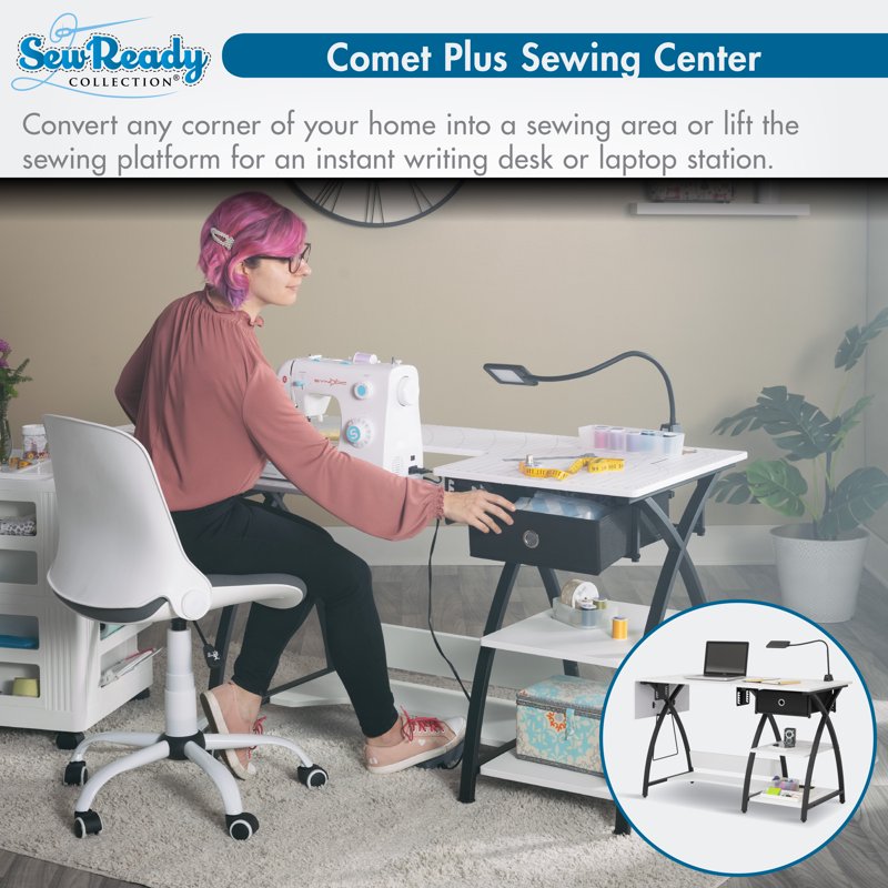 Adjustable Sewing Table with Storage and Foldable Shelf - Craft & Hobby Desk