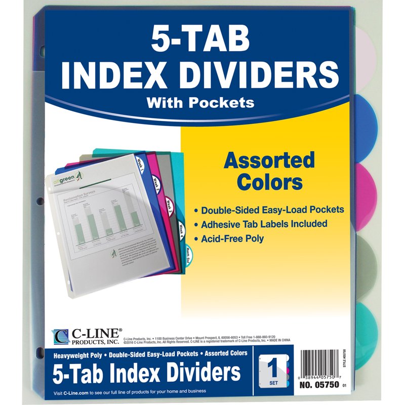 5-Tab Poly Index Dividers with Slant Pockets in Assorted Colors