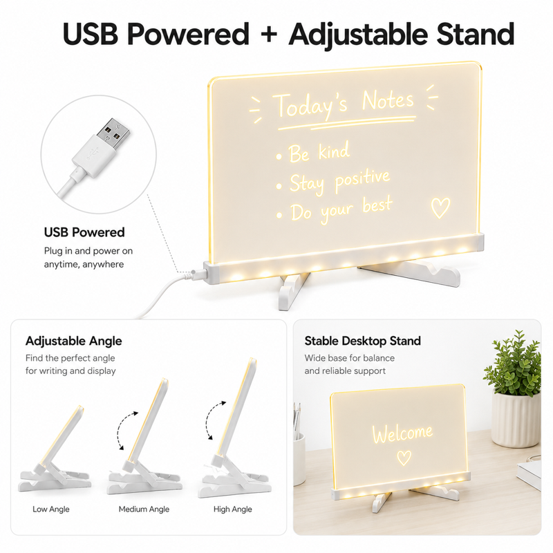 LED Note Board with Markers - Light Up Acrylic Dry Erase Message Board, USB Powered, 11.8 x 7.9 inches