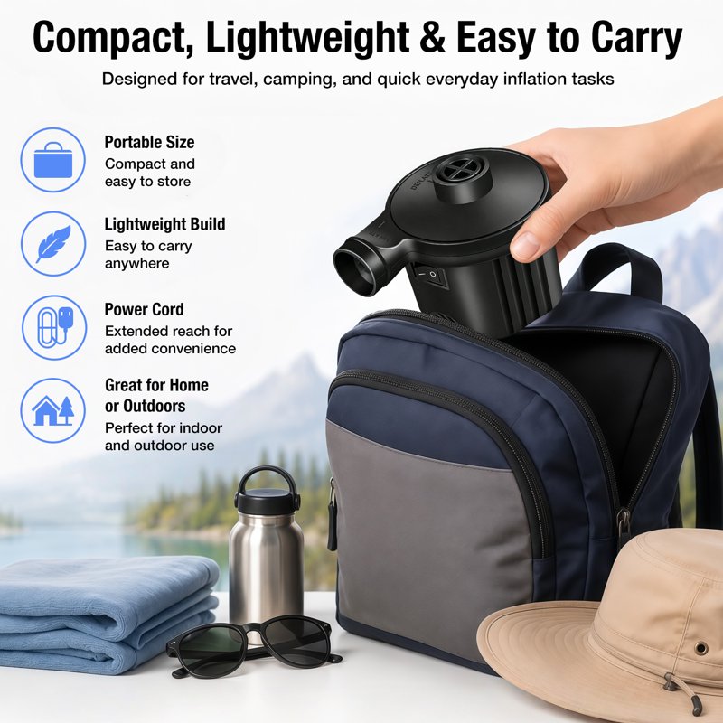 Electric Air Pump for Inflatables, Portable Inflator & Deflator with 3 Nozzles