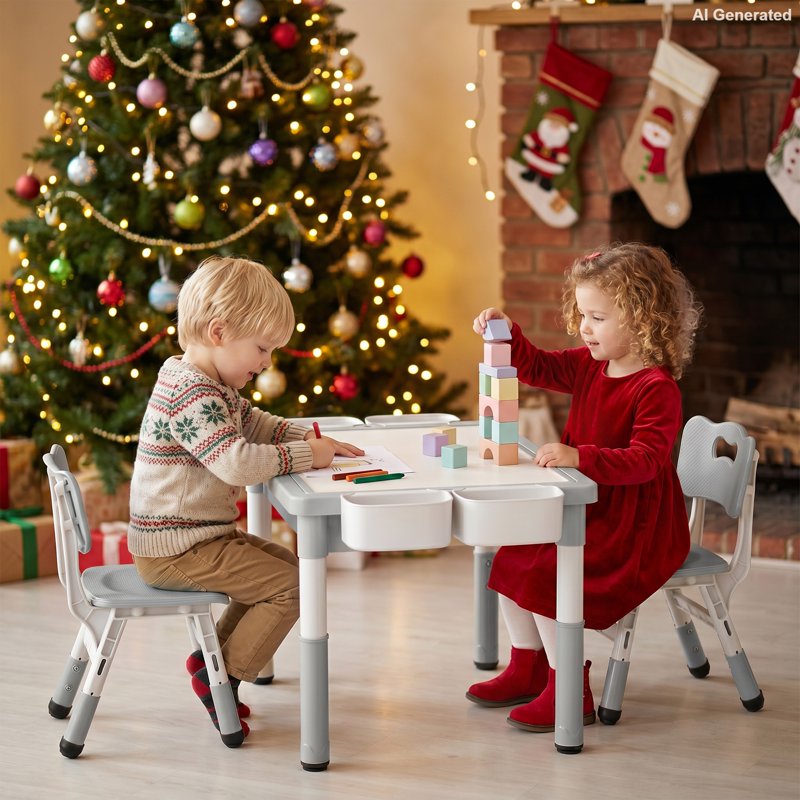 Kids Activity Table and Chair Set with Storage and Adjustable Height - Gray