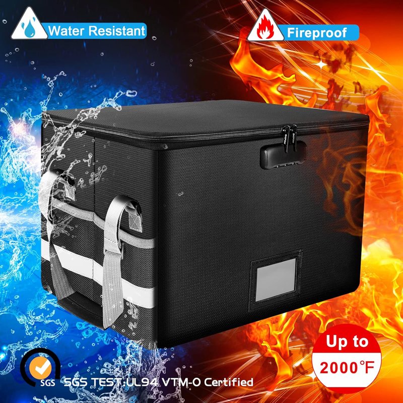 Fireproof Water-Resistant Document Safe Box with Lock - Collapsible File Organizer for Home Office, Black