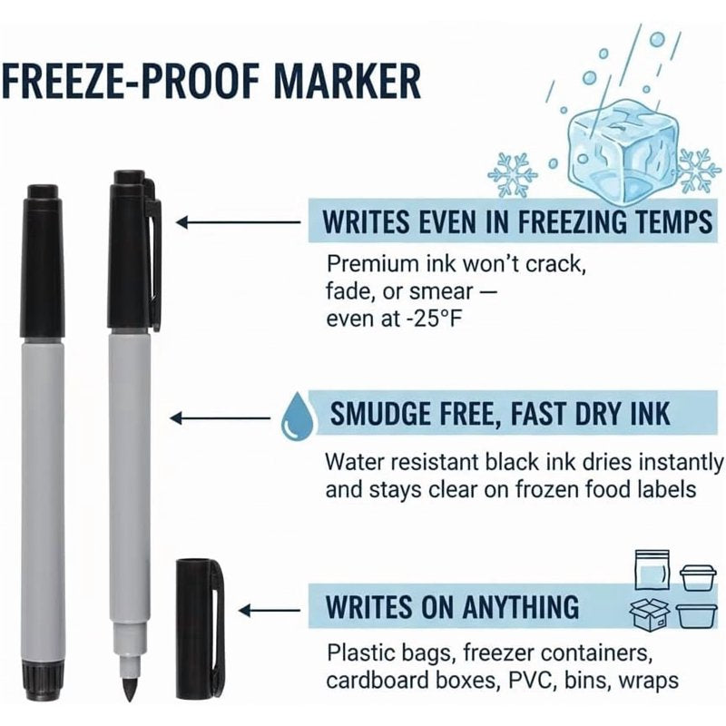 Permanent Fine Point Freezer Marker Pens - Waterproof Food Storage Labels, 3-Pack