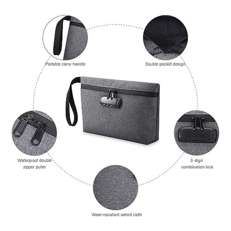 Waterproof Lockable Cash Bag with Zipper and Combination Lock - Gray Nylon Money Bag