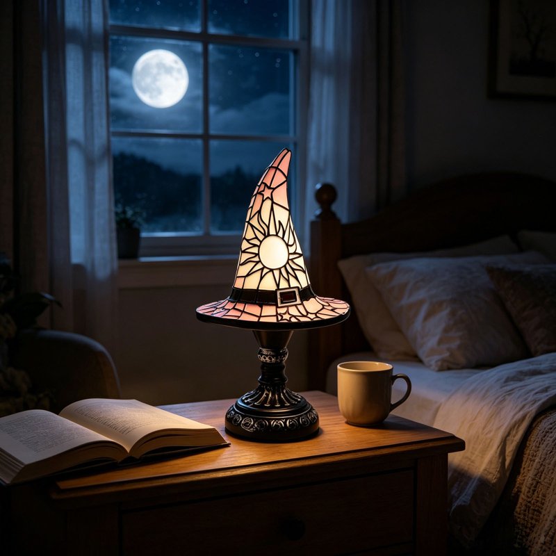 Table Lamp - Stained Glass Witch Hat Night Light, 7in Handcrafted Resin Décor (Variation: S(7in)L)
