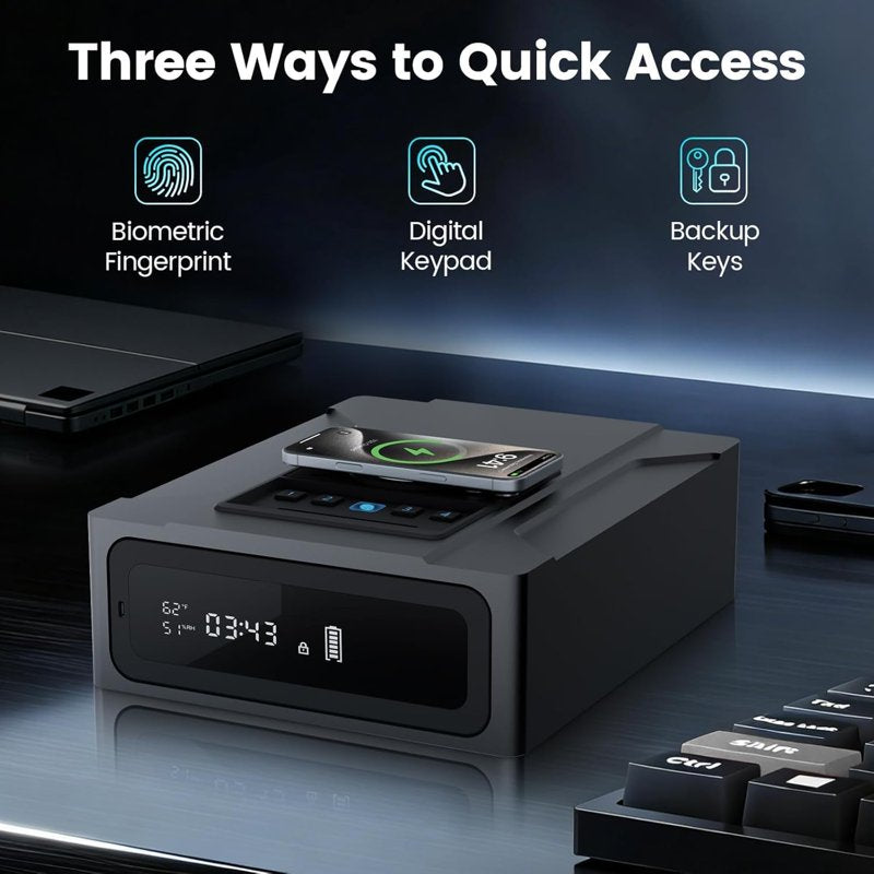 Biometric Smart Safe with Wireless Charging Digital Clock and Quick Access