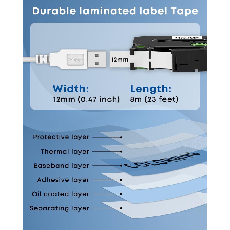 12mm Laminated Label Tape Refill 5-Pack for Brother P-Touch Label Makers