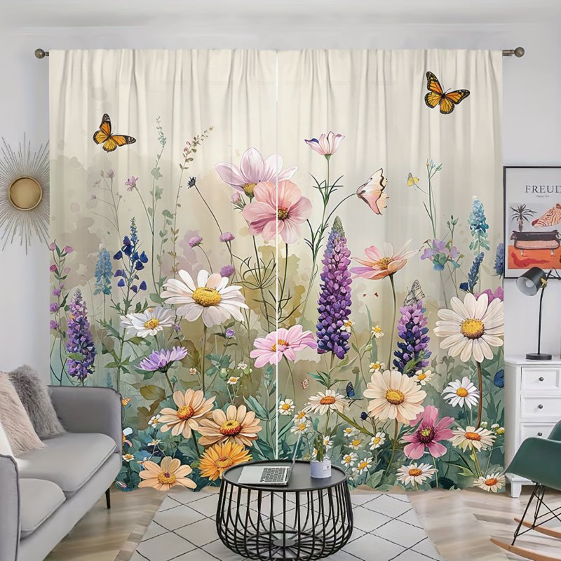 Rustic Wildflower & Weed Light-Filtering Curtains Set of 2 for Bedroom & Living Room