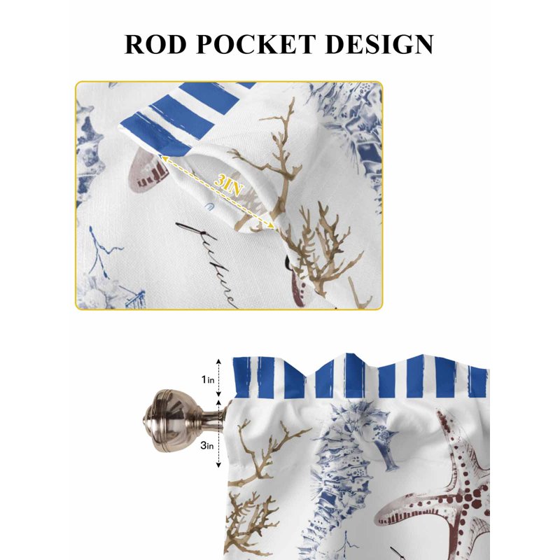 Navy Blue Coastal Tier Curtains - Light-Filtering Window Treatment for Bedroom & Bathroom