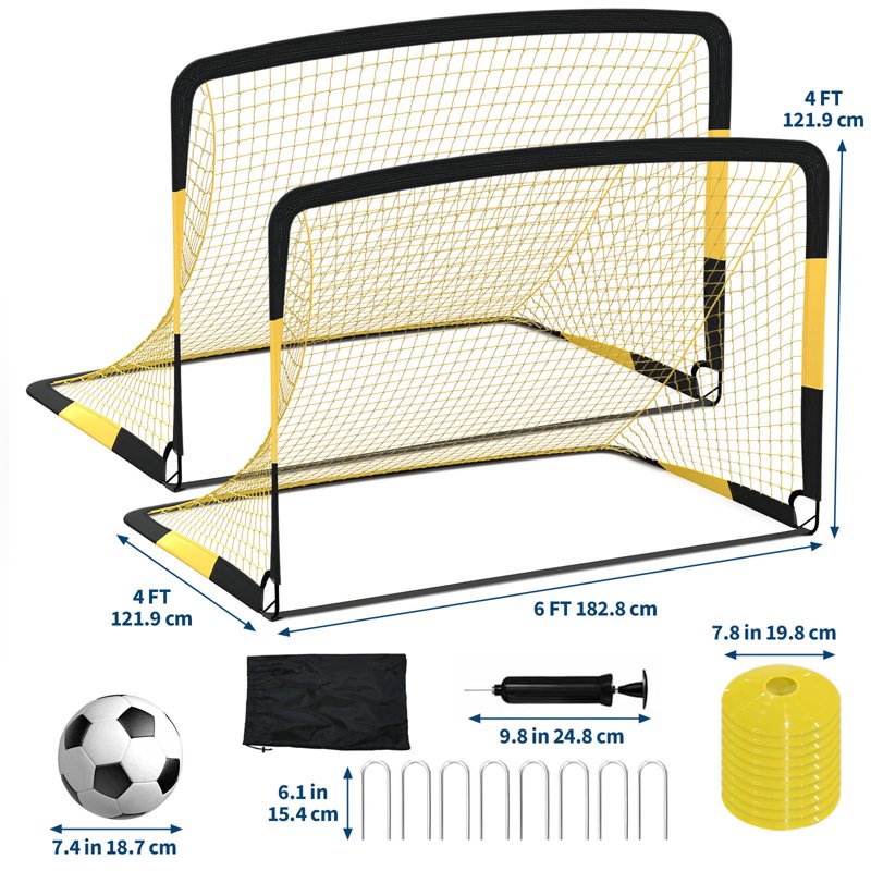 6x4 ft Portable Soccer Goals Set for Kids – Foldable Backyard Practice Goal (Set of 2, Yellow/Black)
