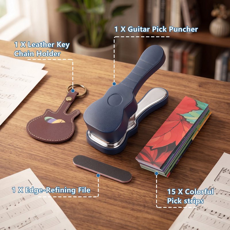 Guitar Pick Maker Kit with Leather Keychain & 15 Pick Strips - DIY Custom Picks
