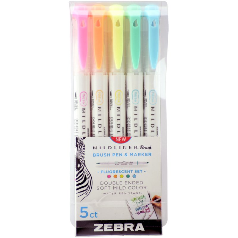 Mildliner Double-Ended Brush Pen Set, 5 Fluorescent Highlighters