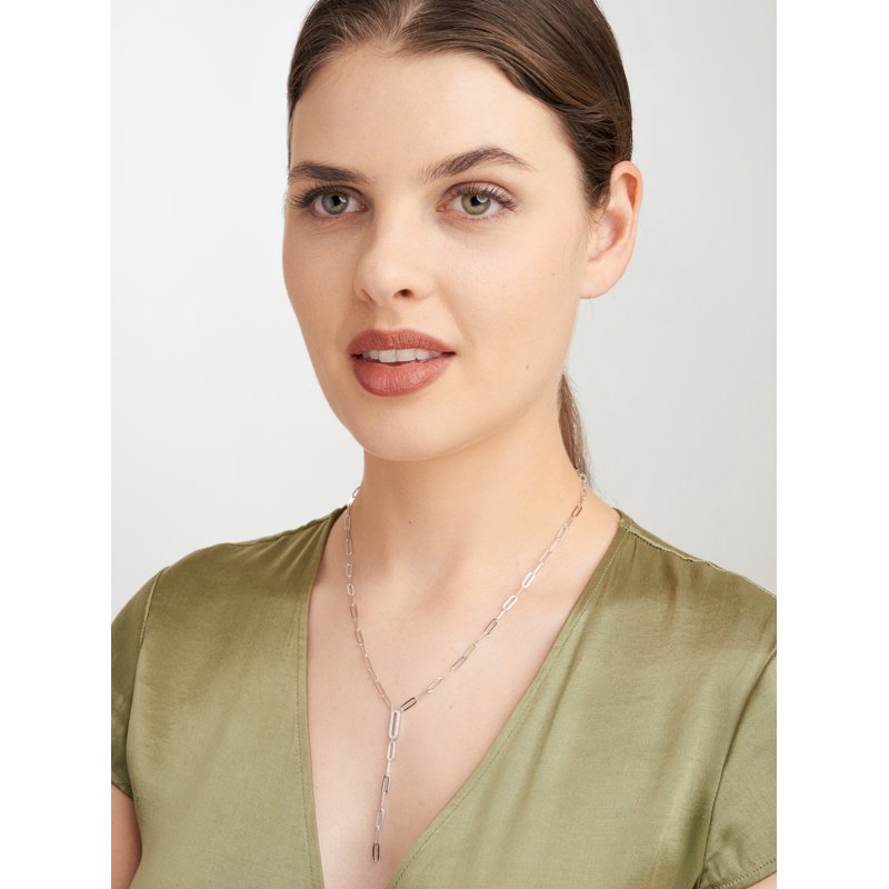 Sterling Silver CZ Paperclip Necklace 18" + 2" Extension Lariat Jewelry
