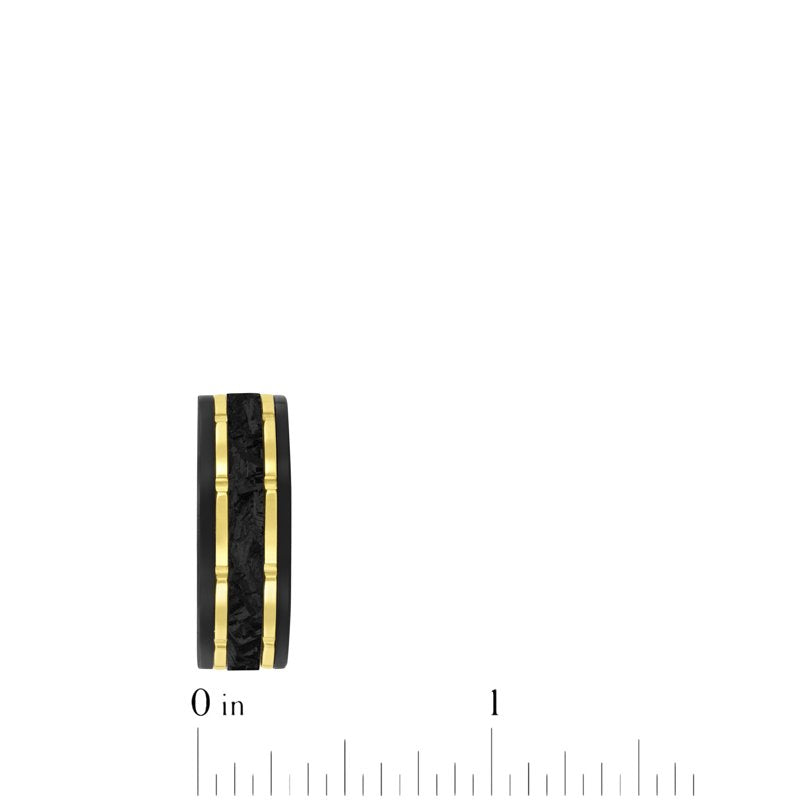 Men's Black Tungsten Wedding Band with Carbon Fiber Inlay & Grooved Accents