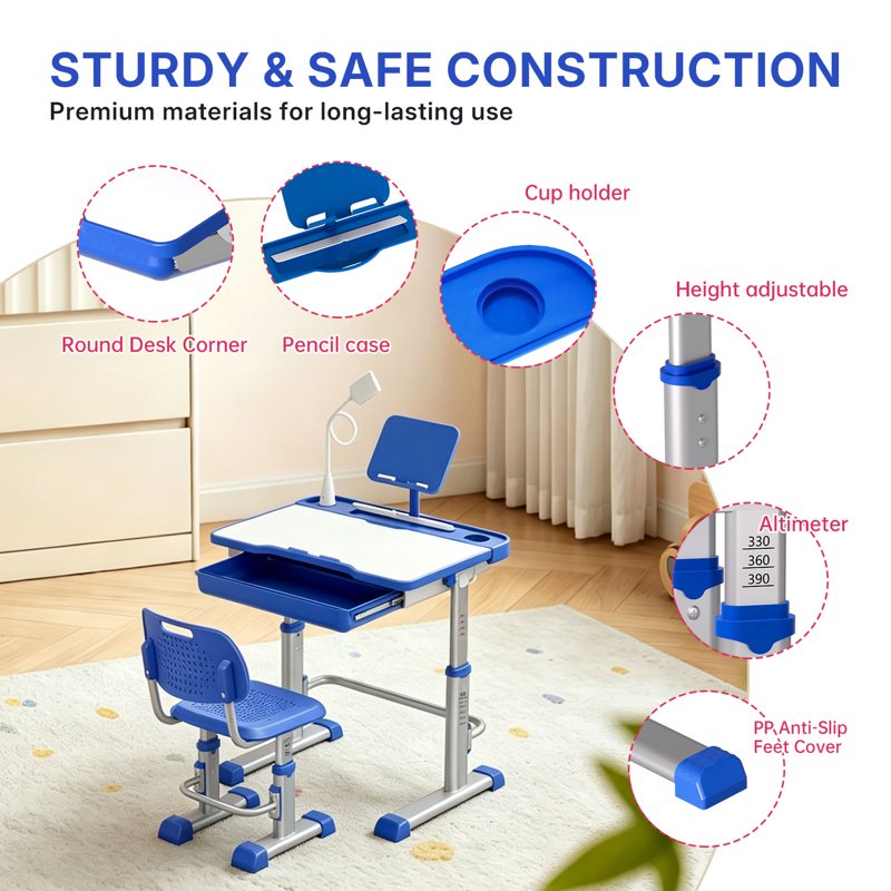 Kids Study Desk and Chair Set with Adjustable Height, LED Lamp, Tilt Desktop, Storage Drawer