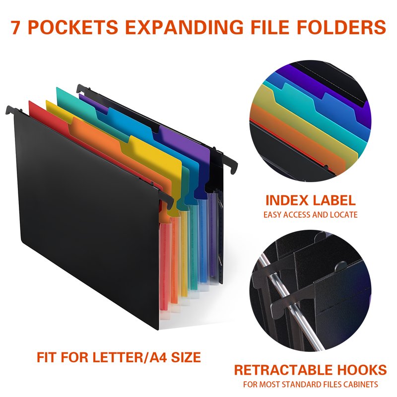 3 Pack Expanding Hanging File Folders for Office & Home Organization - Multi-Color Tabs, Large Capacity
