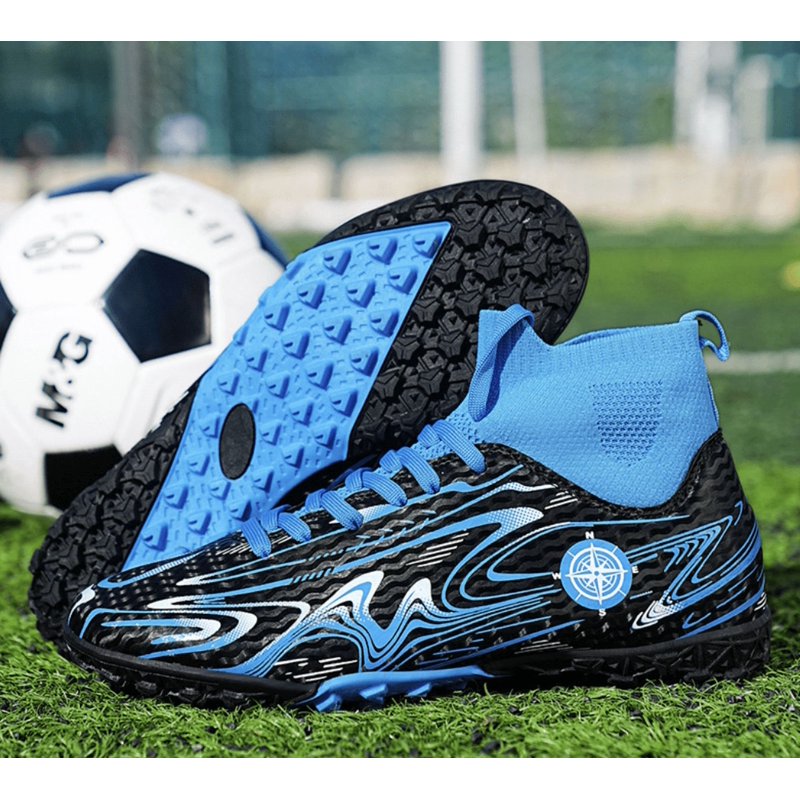 OnyxTrek Kids High Top Turf Soccer Shoes TF - 4 Little Kid Blue, Lightweight Cleats