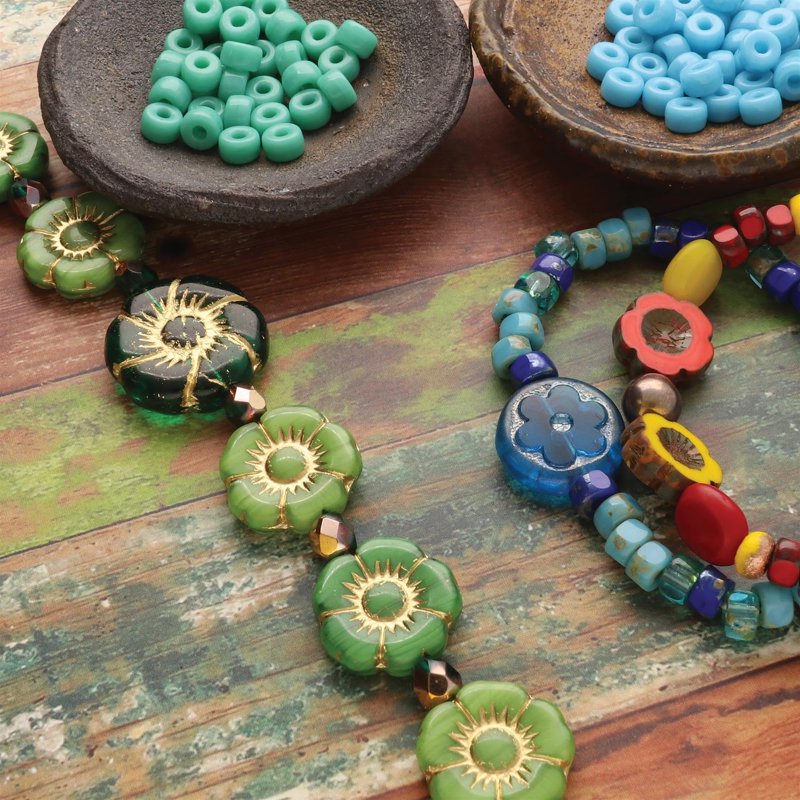 Czech Glass Bead Strands for Jewelry Making - Green Hibiscus Mix, 6x7 Inch, 15 Beads Per Strand